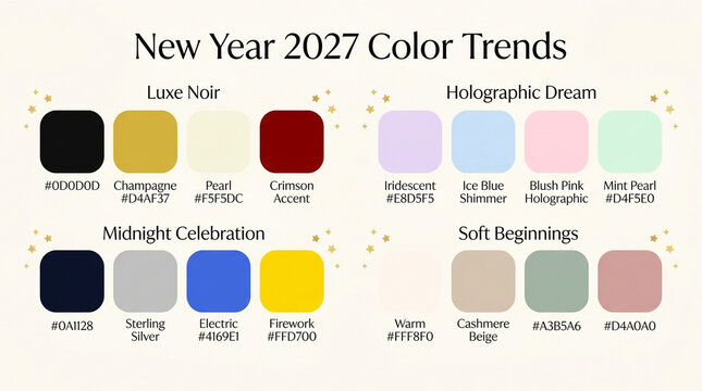 New Year 2027 color trends palette, professional branding swatches with hex codes, modern aesthetic color guide for designers