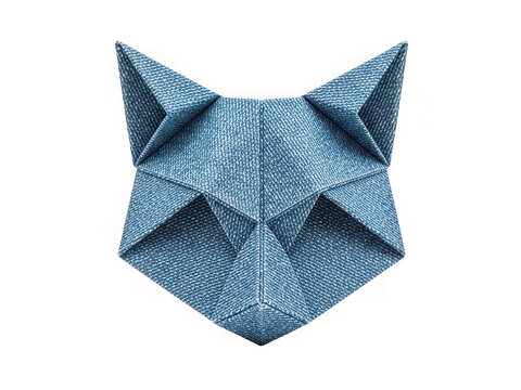 Blue origami fox head paper craft icon isolated on transparent background