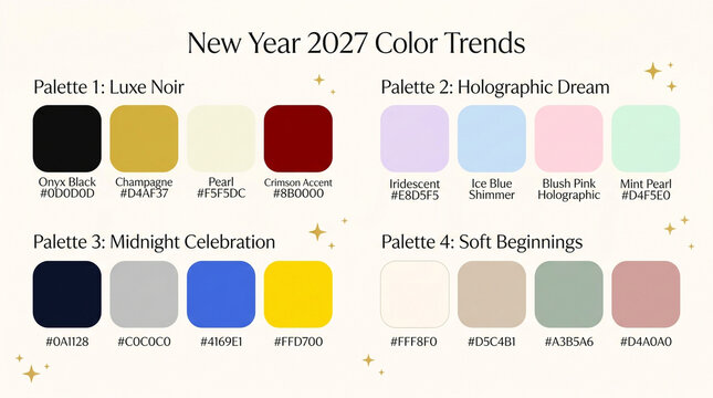 New Year 2027 color trends palette collection, professional color swatches with hex codes, modern aesthetic design guide