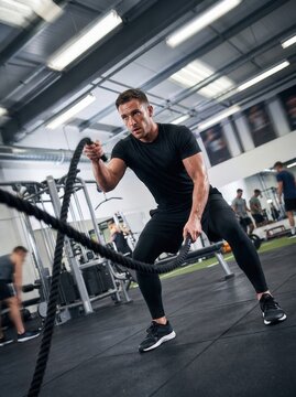 Athletic man performs intense rope wave exercises inside a gym to build strength and improve physical endurance while focusing on personal fitness goals during a hard daily workout routine at