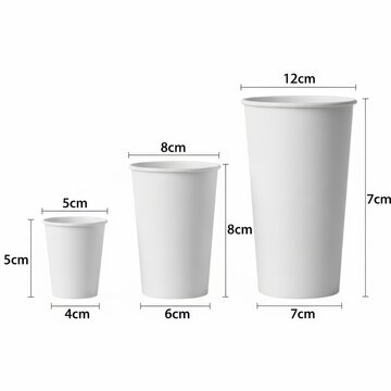 White paper cups with measurement dimensions, set of three disposable coffee cups in small medium and large sizes, eco-friendly takeaway packaging