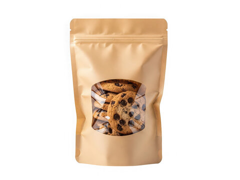 Brown paper pouch bag with chocolate chip cookies isolated on transparent background