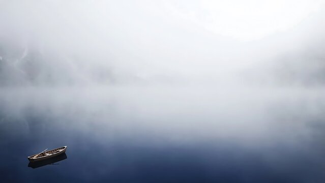 Minimalist nature landscape featuring a small empty wooden rowboat floating perfectly still on deep blue lake water, surrounded by thick white morning fog creating a peaceful mysterious