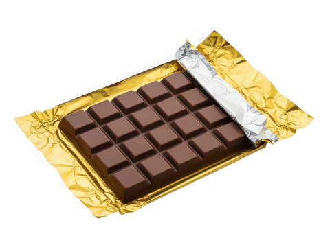 Dark chocolate bar unwrapped in a gold foil wrapper isolated on transparent background