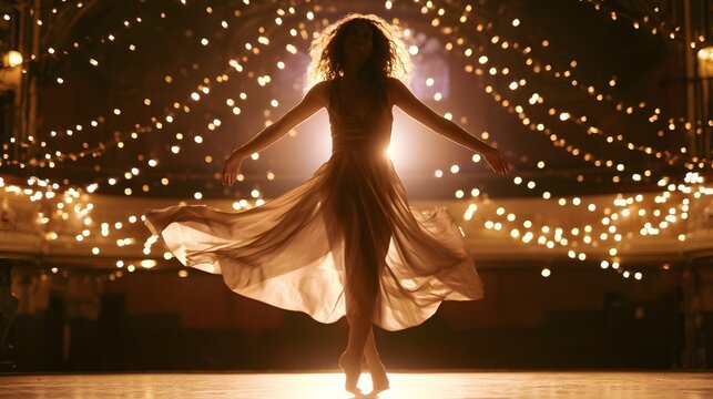 Vintage theater dancer glows barefoot beneath string lights in a flowing silk dress evoking timeless elegance