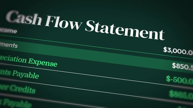 Cash flow statement financial report animation with depreciation expense and accounts payable analysis, 4k animation.