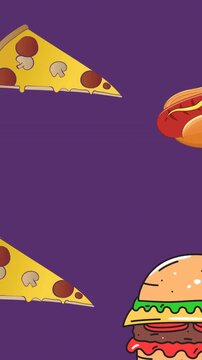 Animation of moving junk food icons on purple background