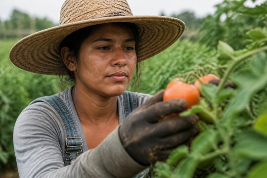 Woman picking tomato in vegetable field wearing straw hat