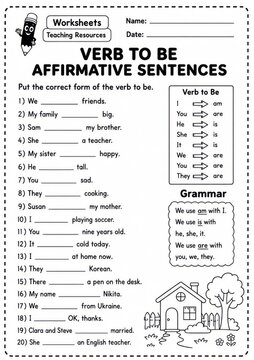 Educational English grammar worksheet, verb to be affirmative sentences exercise, primary school teaching resource for ESL students