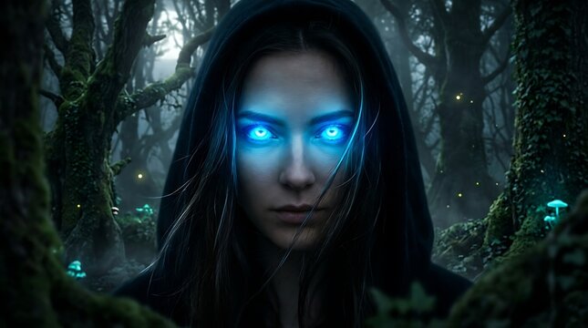 Mysterious woman in black hood with glowing blue eyes standing in dark fantasy forest.