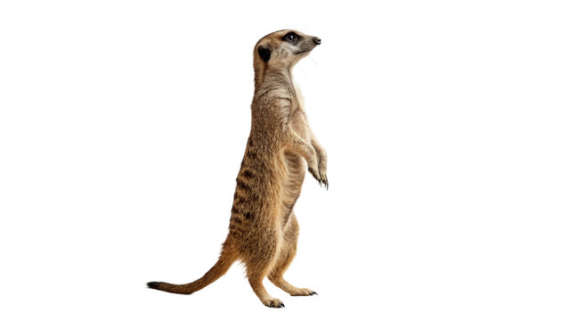 Small wild alert meerkat suricate standing on hind legs isolated on transparent background