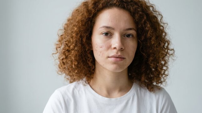 Close-up of young woman with red curly hair showing acne scars on face.