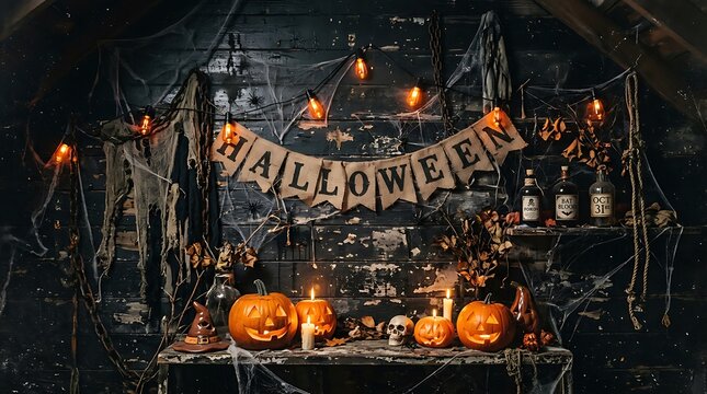 Spooky Halloween attic decorated with pumpkins, cobwebs, and string lights.