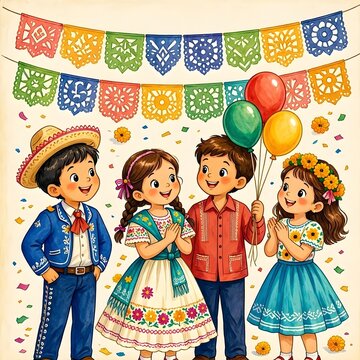 Happy Mexican Children Celebrating Independence Day in Traditional Costume with Colorful Papel Picado Banners, Balloons, and Confetti Watercolor Illustration