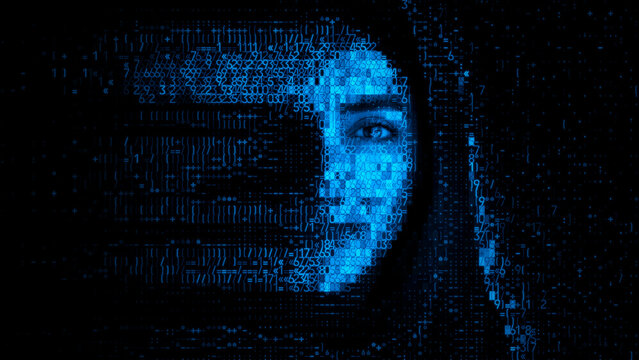 Female Face dissolving into Encrypted Code. Stolen Personal Data Concept.