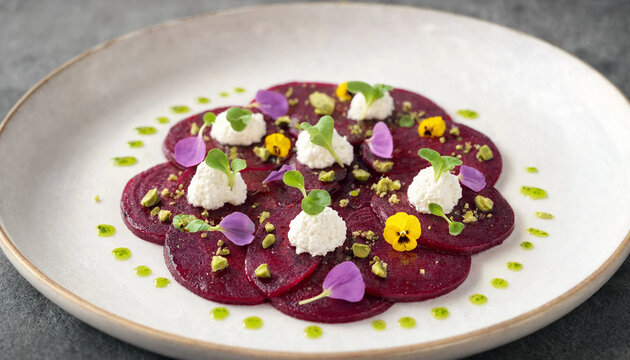 Beetroot carpaccio featuring thin slices of roasted beets topped with dollops of fresh goat cheese, crushed pistachios, and edible flowers