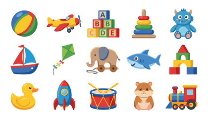 Fototapeta premium Colorful kids toys collection bundle with plane blocks plush monster rocket drum train flat cartoon vector illustration isolated
