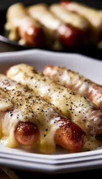 Savory sizzling sausages melt into cheesy goodness a delicious comfort food close up