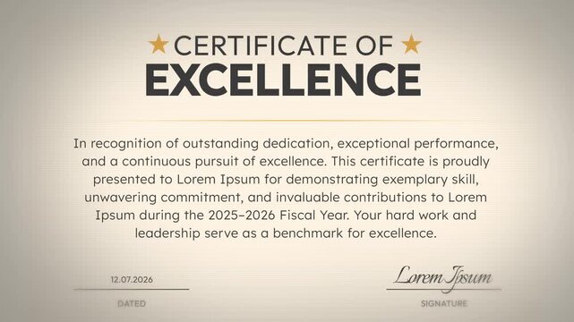 Certificate of excellence template with sample text for recognition award, achievement, or performance in business, 4k animation