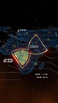 Animation of hourglass icon and digital data processing over world map