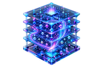 Fototapeta premium Futuristic Quantum Computer Cube with Glowing Neon Data Layers