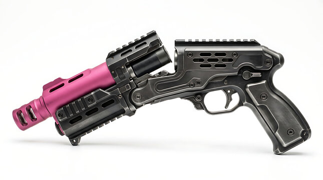 Futuristic Sci-Fi Handgun Design with Pink Barrel and Metal Frame on White Background