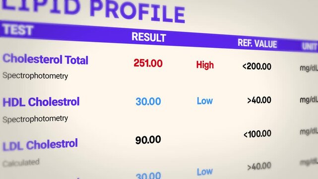 Cholesterol test results with high total and low hdl levels, health report 4k animation.