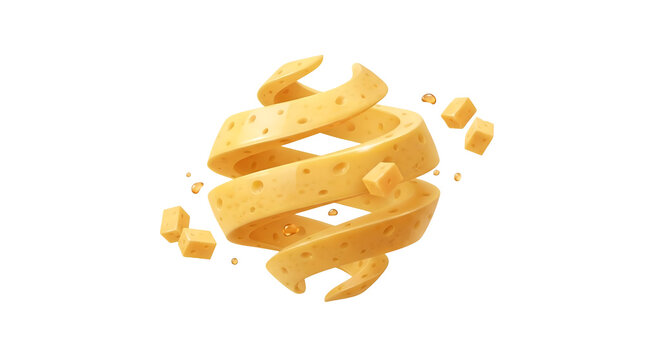 3D illustration of a yellow cheese swirl with flying cubes isolated on a white background for food design