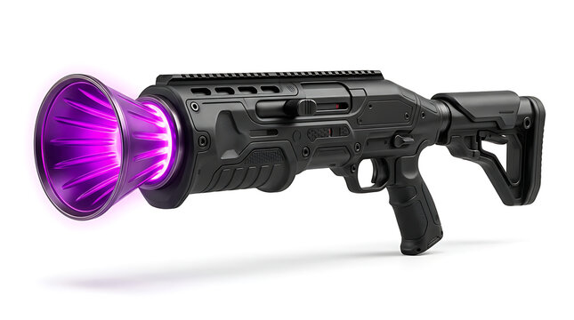 Futuristic matte black sci-fi rifle with a glowing neon purple energy beam emitter nozzle