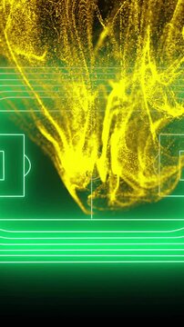 Yellow particles and green neon lines forming stadium animation over black background