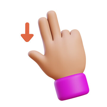 Scrolling down gesture: A cartoonish 3D render of a hand with a purple cuff, mimicking a scrolling down gesture with index and middle finger pointing downwards.