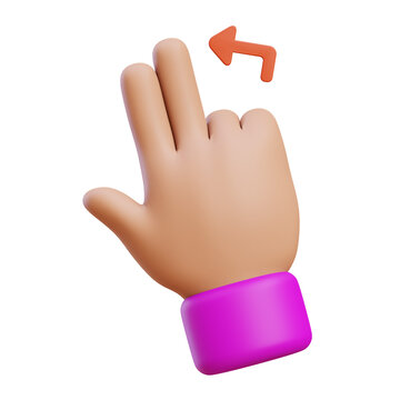 3D Hand Gesture: A stylized 3D hand with a pink cuff performs a left swipe gesture, indicated by an orange arrow, signifying interaction or navigation.