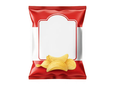Red potato chips snack bag with blank label for branding isolated on transparent background