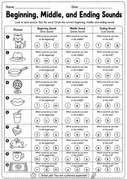 Educational phonics worksheet, beginning middle and ending sounds activity, literacy practice for kindergarten and preschool students