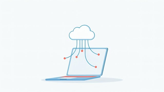 Minimalist digital laptop connecting to cloud computing network services with flat vector illustration laptop computer cloud icon extending connected data lines toward screen