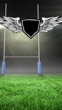 Animation of emblem with copy space over rugby field sports stadium