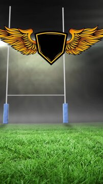 Animation of emblem with copy space over rugby field sports stadium