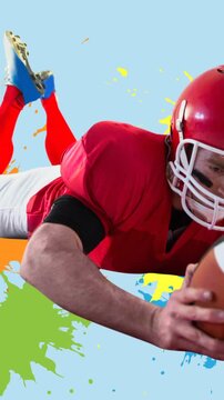 Animation of american football player with ball over colourful splodges