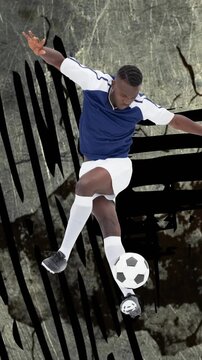 Animation of football player with ball over black squiggles on distressed background