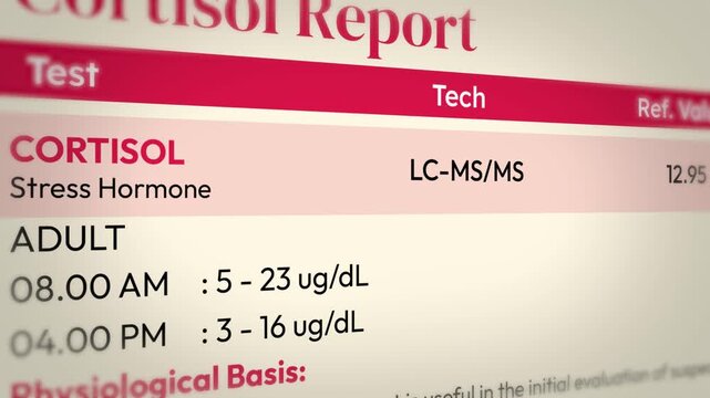 Cortisol stress hormone test report with adult cortisol levels, 4k animation.
