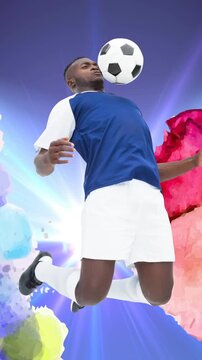 Animation of football player with ball over colourful squiggles on blue background