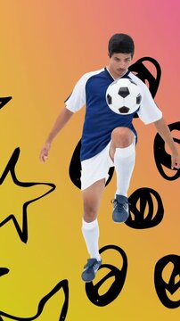 Animation of football player with ball over stars and dots on pink to yellow background