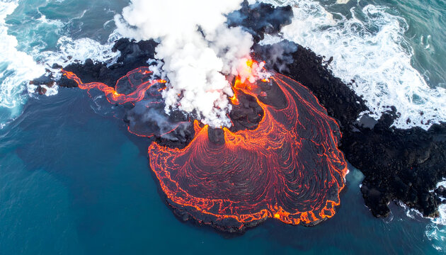 Aerial view of a volcanic eruption, with vibrant molten rock flowing into the ocean, generating steam