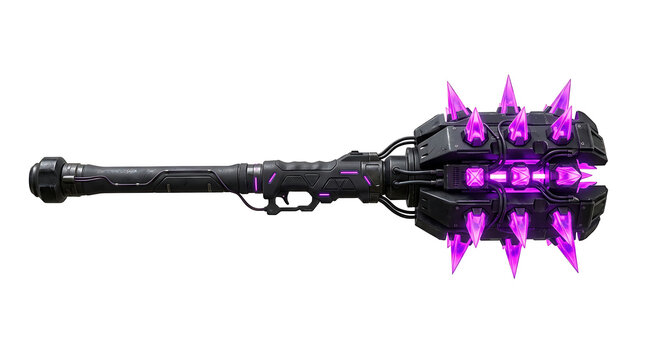 Futuristic Sci-Fi Mace Weapon with Glowing Purple Spikes and Mechanical Details Isolated