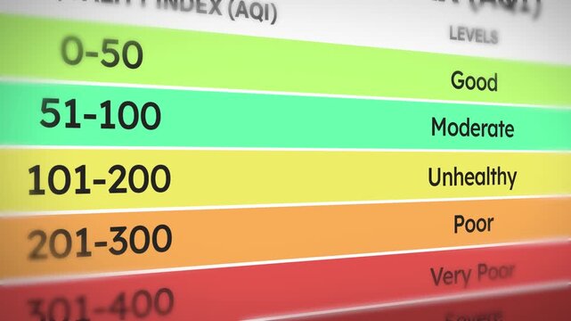 Air quality index chart showing pollution levels from good to very poor, 4k animation close up