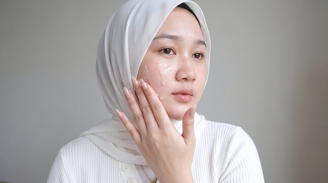 A young Muslim woman in a white hijab gently touching her face while applying a skin care treatment, highlighting natural beauty routines and skincare.