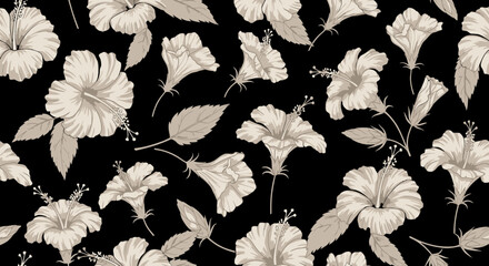 Vintage hibiscus flowers and leaves on black background pattern © bima