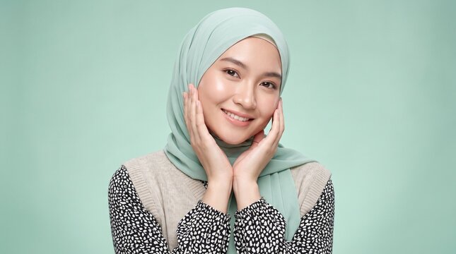 Portrait of a happy young Asian Muslim woman wearing a green hijab and patterned dress, holding her hands on her face with bright healthy skin against a matching mint background