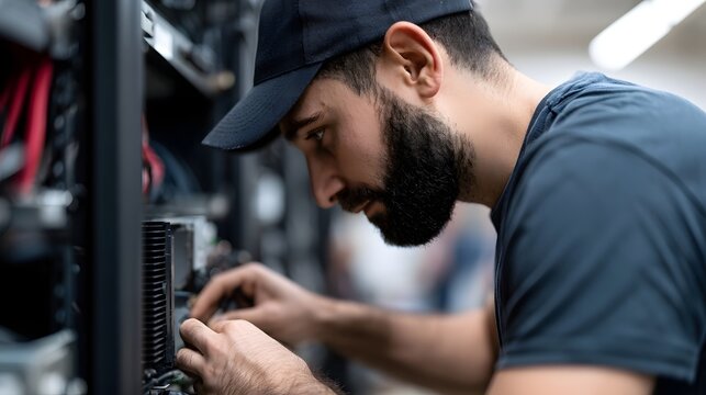 A focused technician carefully handles components inside an open server rack during routine maintenance or repair work