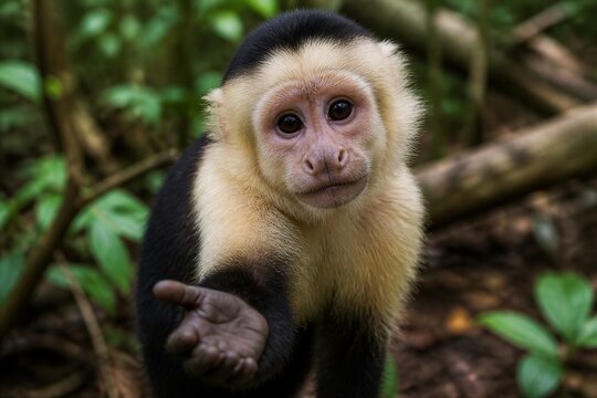 White faced capuchin monkey reaching out in rainforest